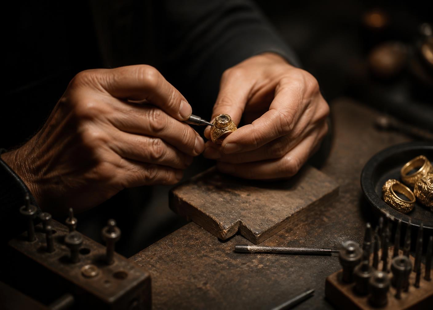 Mains d'un maître joaillier sertissant une bague en or à l'établi